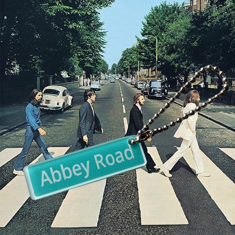 Acrylic keychain printed with an Abbey Road street-sign design, on a ball chain